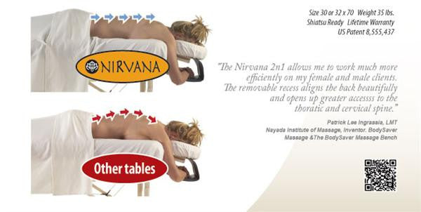 Woman on massage table; Nirvana 2n1 by Nirvana has breast recess, other table is flat.