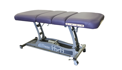 Custom Craftworks SIGNATURE SPA Hands Free Deluxe Electric Table with metal frame and wheels.