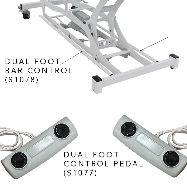 PHS Medical Thera-P electric table base with labeled dual foot bar and pedal control accessories.