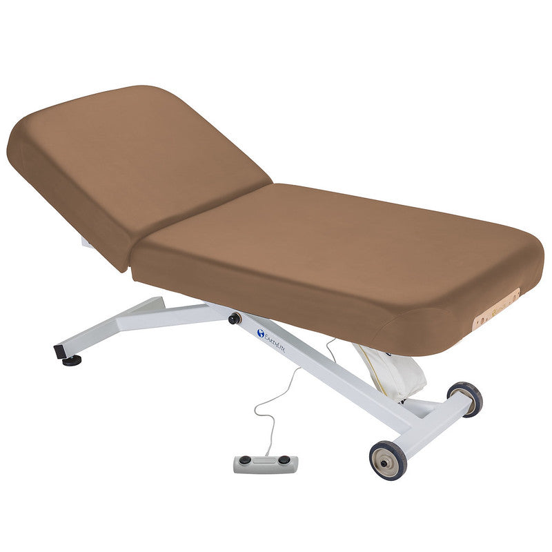 EarthLite ELLORA TILT ADA massage table, brown, metal base with attached foot control.