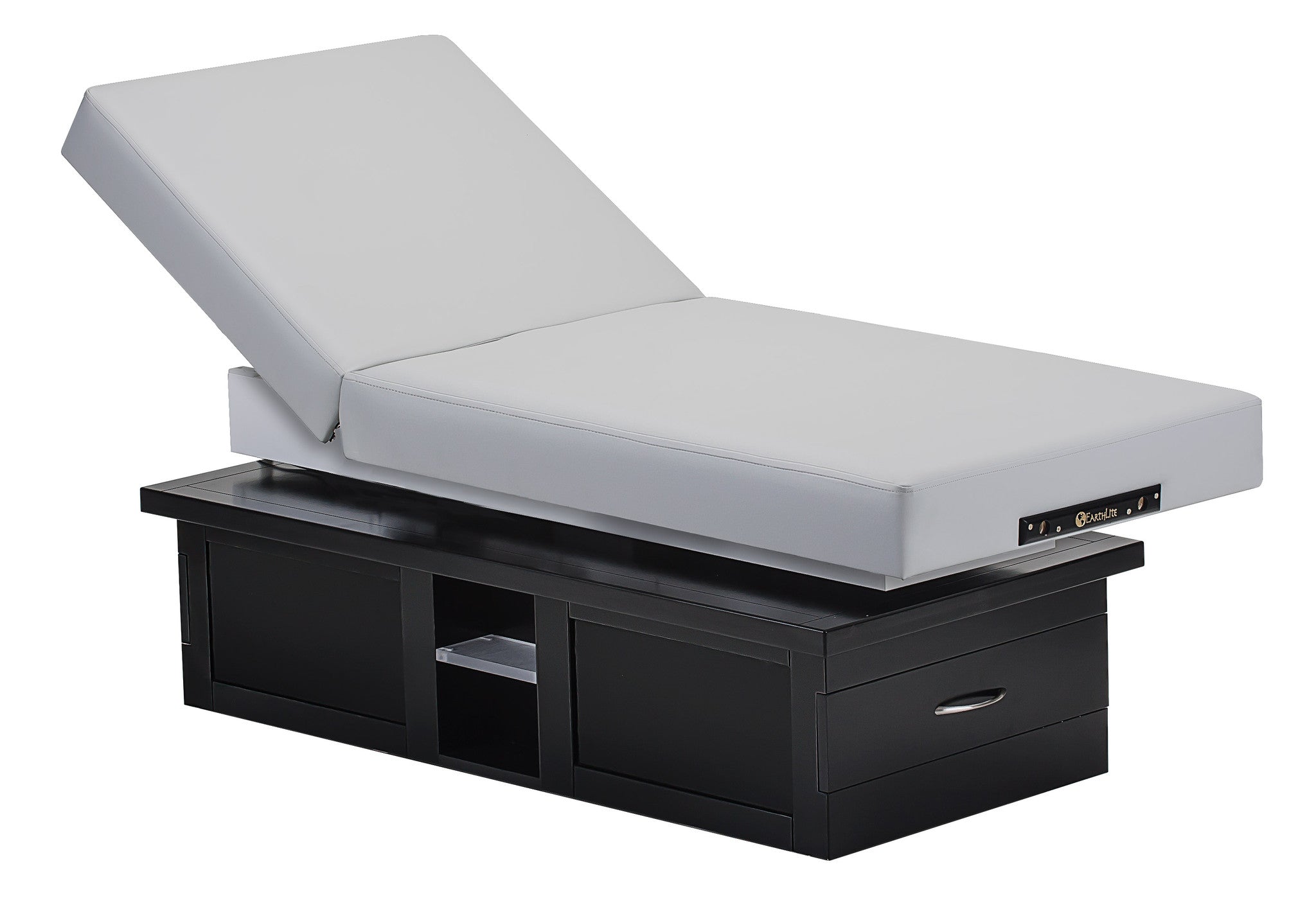 EarthLite EVEREST ECLIPSE TILT Massage Table with black base and white cushion for comfort.