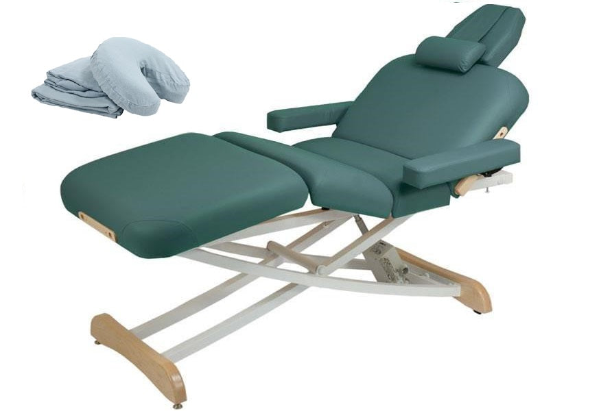 Custom Craftworks ELEGANCE DELUXE green table with headrest, gray sheet set folded beside it.