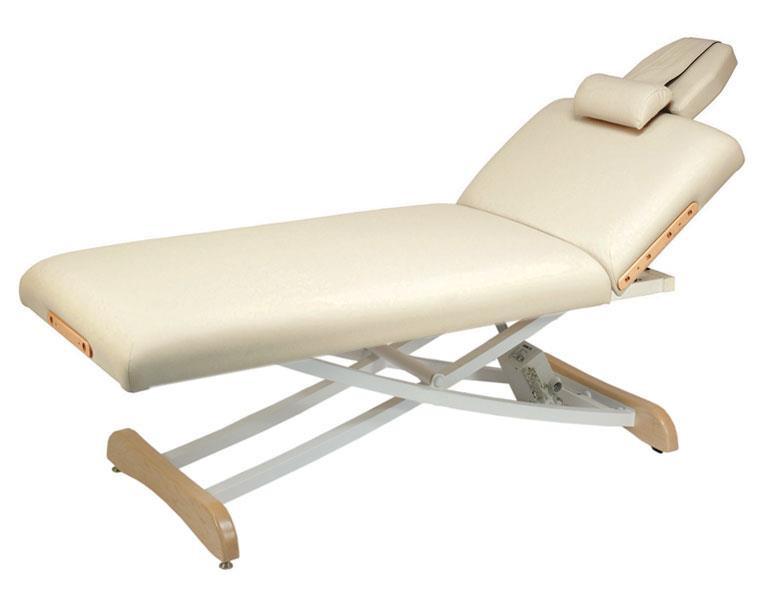 Custom Craftworks Elegance Lift Back Electric Table with padded headrest and wooden legs.