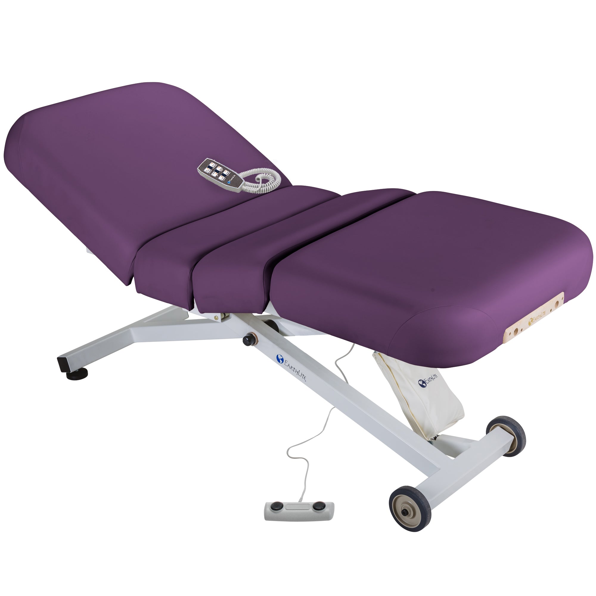 EarthLite ELLORA SALON purple electric massage table with control panel and white metal frame.