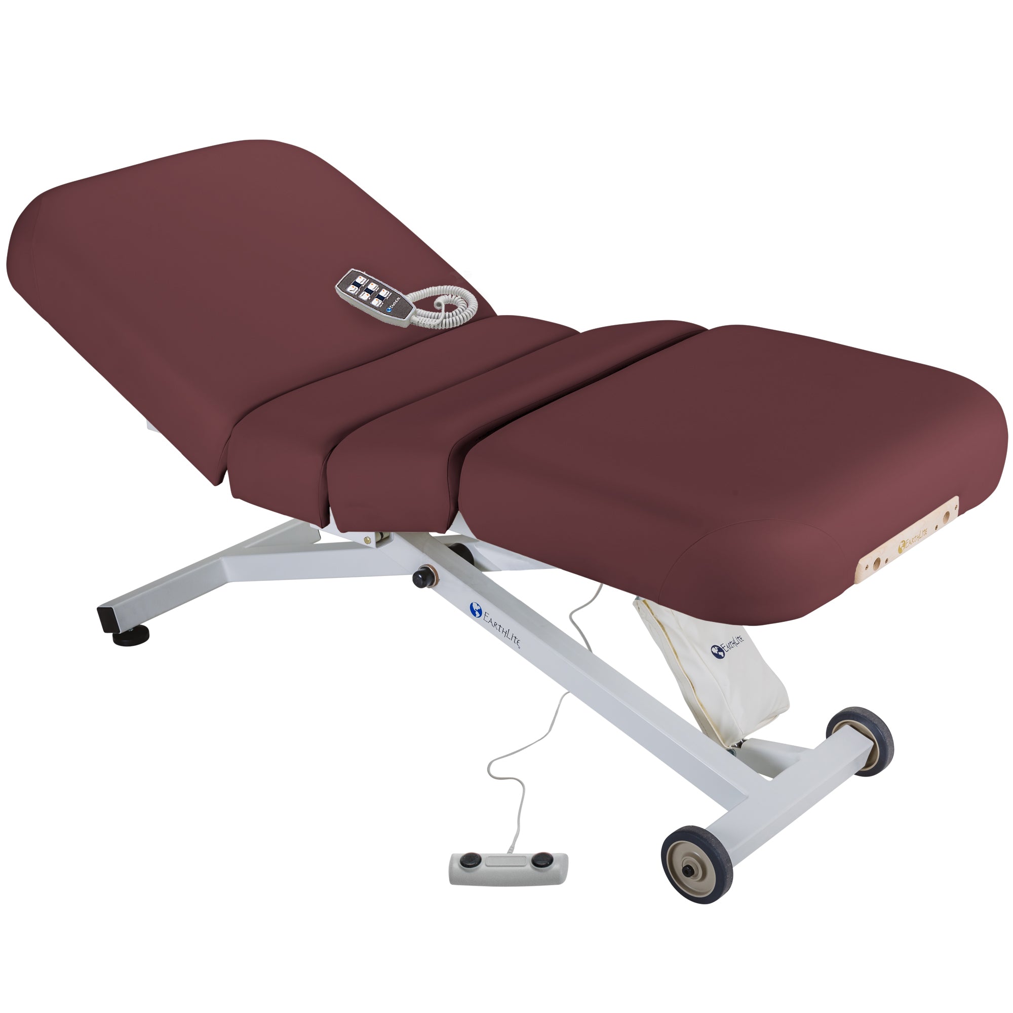 EarthLite ELLORA SALON maroon electric massage table with remote and wheeled white metal base.