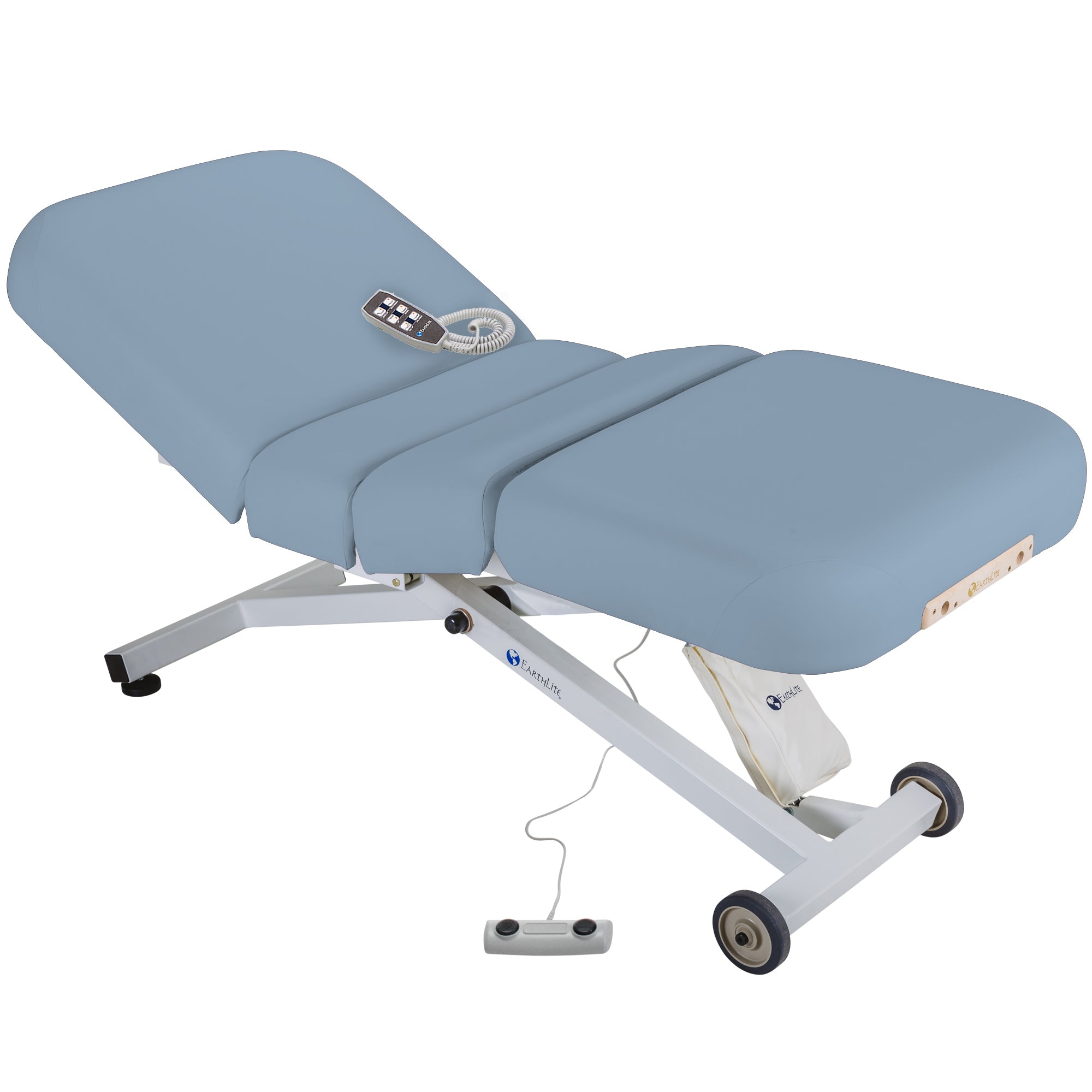 EarthLite ELLORA SALON electric massage table with blue padding and side control panel.