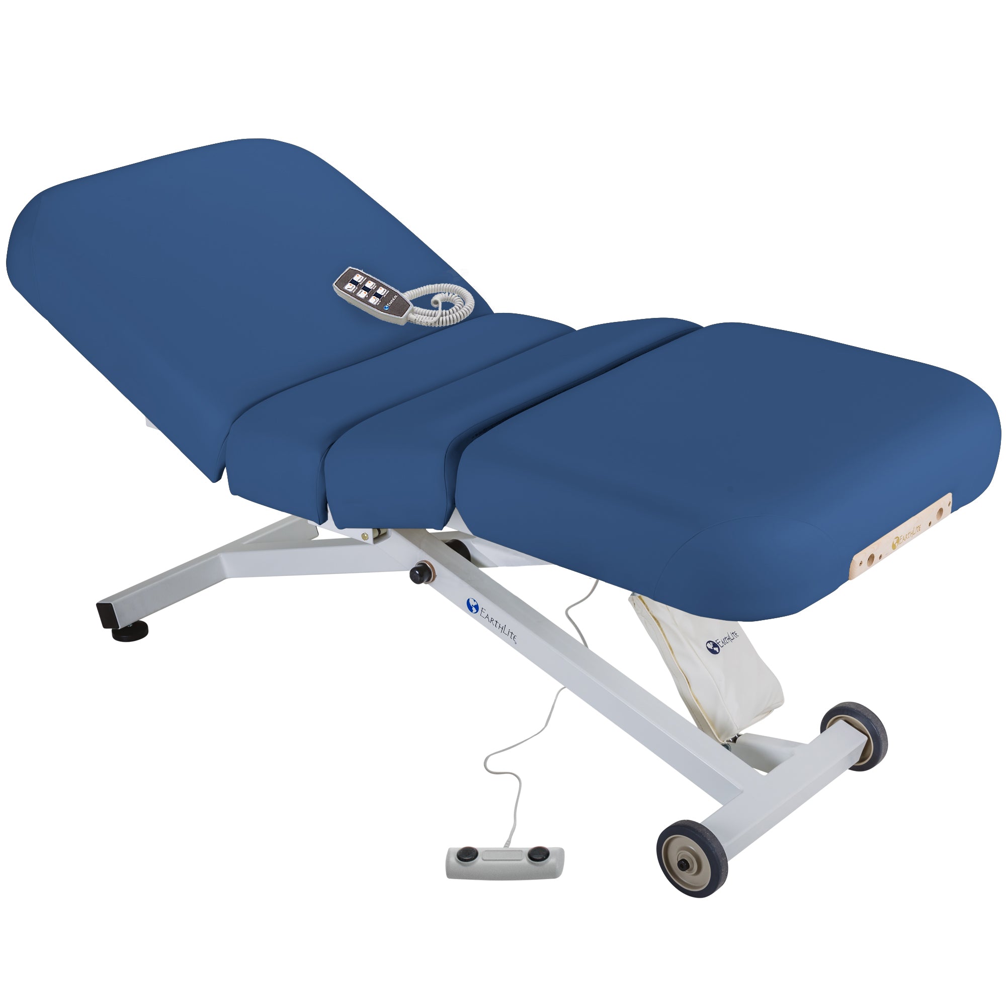 EarthLite ELLORA SALON blue electric massage table with electronic controls and wheeled base.