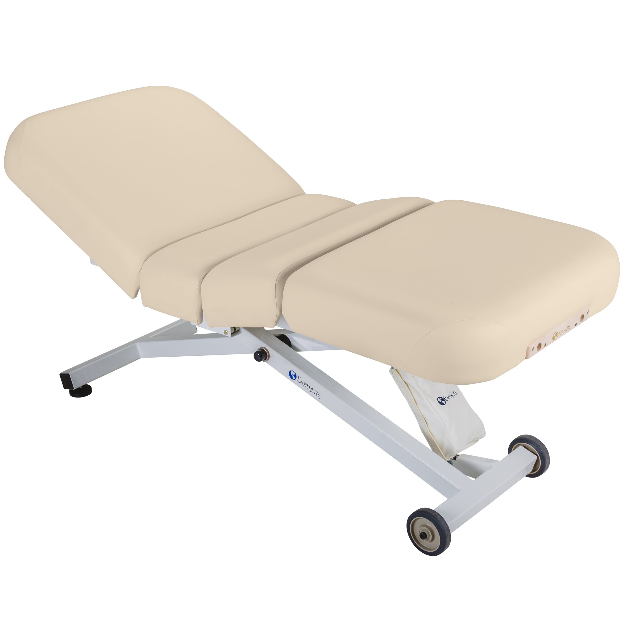 EarthLite ELLORA SALON full electric massage table with metal frame and wheels on one end.