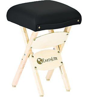 EarthLite Folding Massage Stool with black cushioned seat and EarthLite logo on the side.