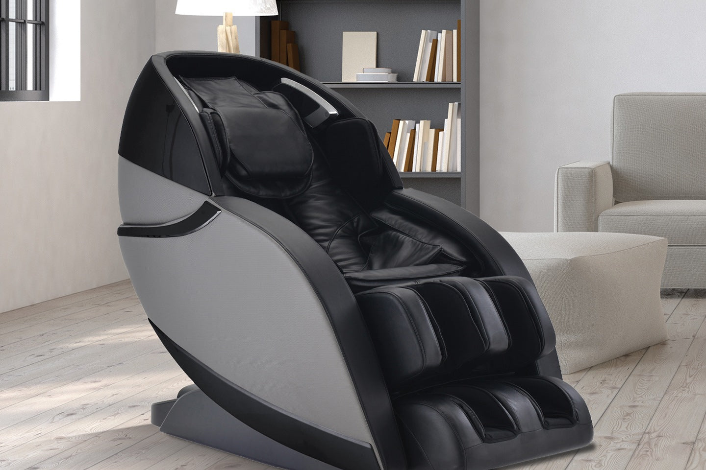 Titan OPTIMUS 3D Electric Massage Chair by Titan in black and gray in a stylish living room.