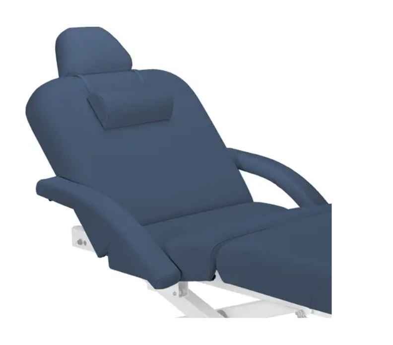 EarthLite ELLORA TILT Mobile Massage Table, adjustable blue with armrests, side view.