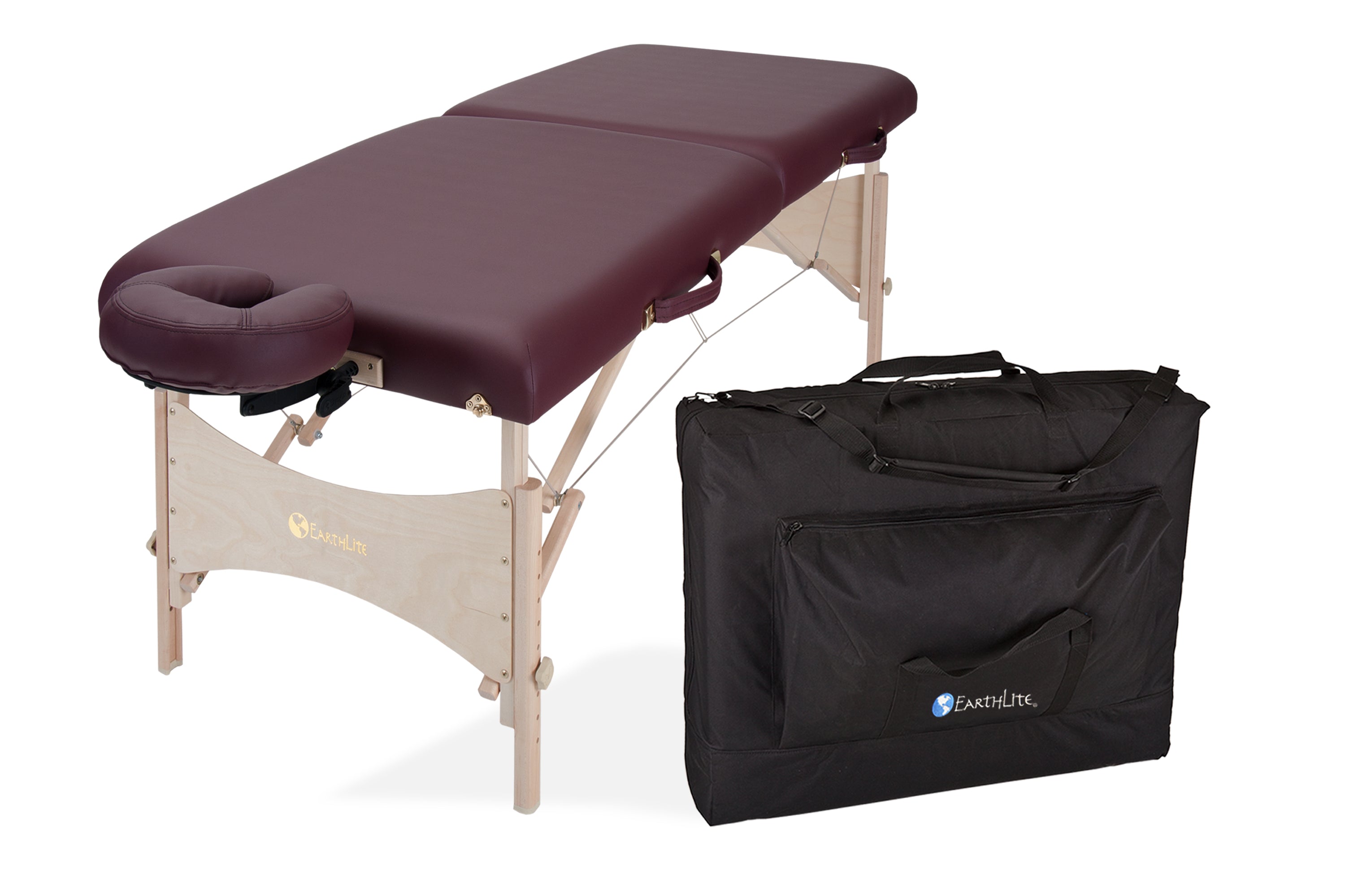 EarthLite HARMONY DX portable massage table package with face cradle and black carrying case.