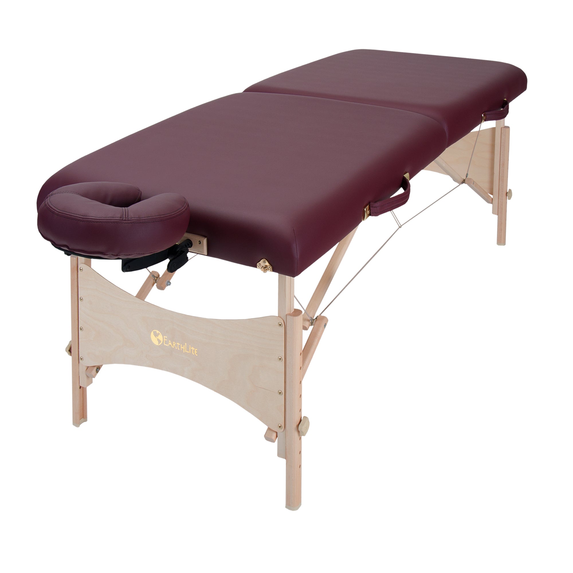 EarthLite HARMONY DX massage table with burgundy padding and wooden legs, ready to use.