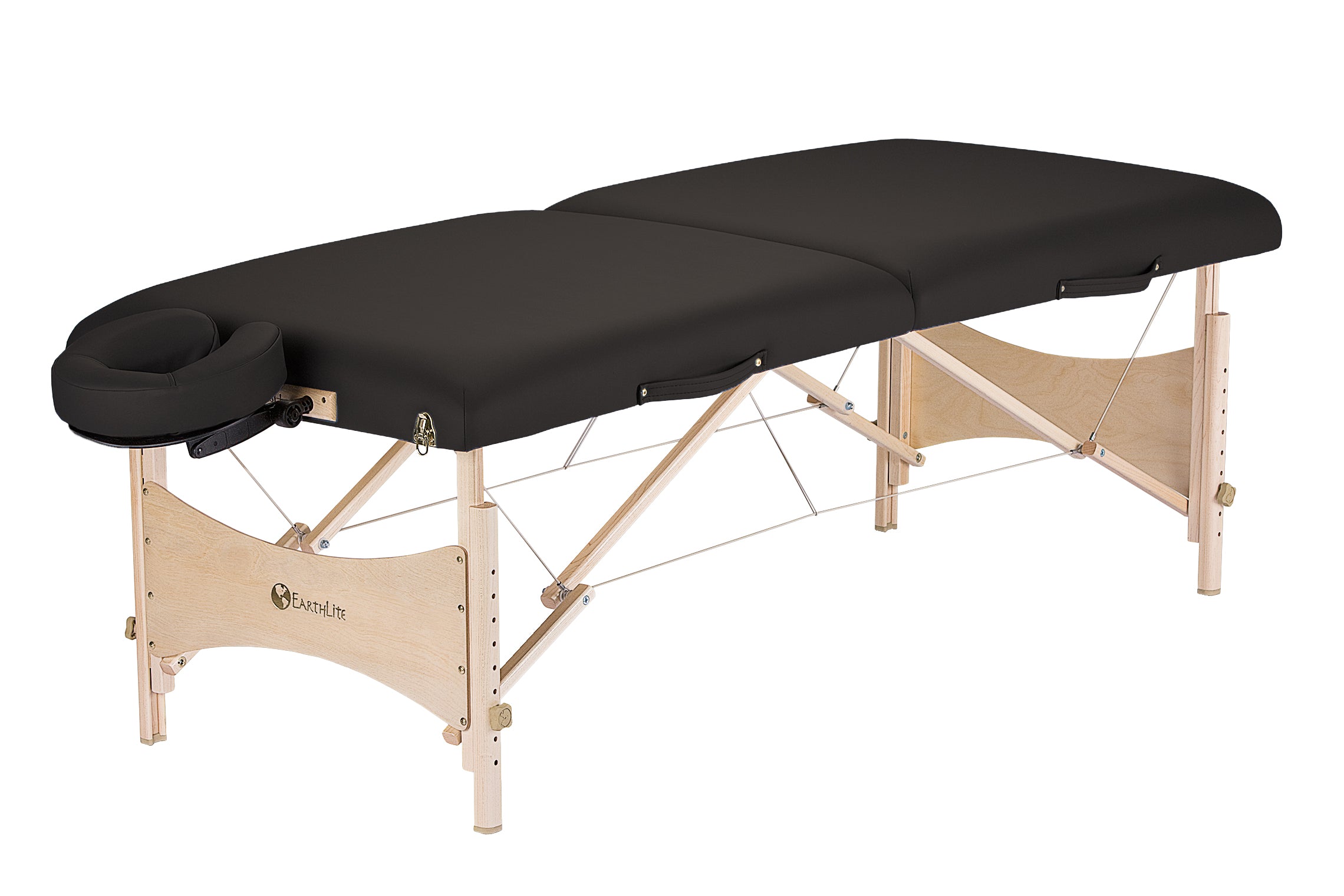 EarthLite HARMONY DX black portable massage table with wood legs and padded face cradle.