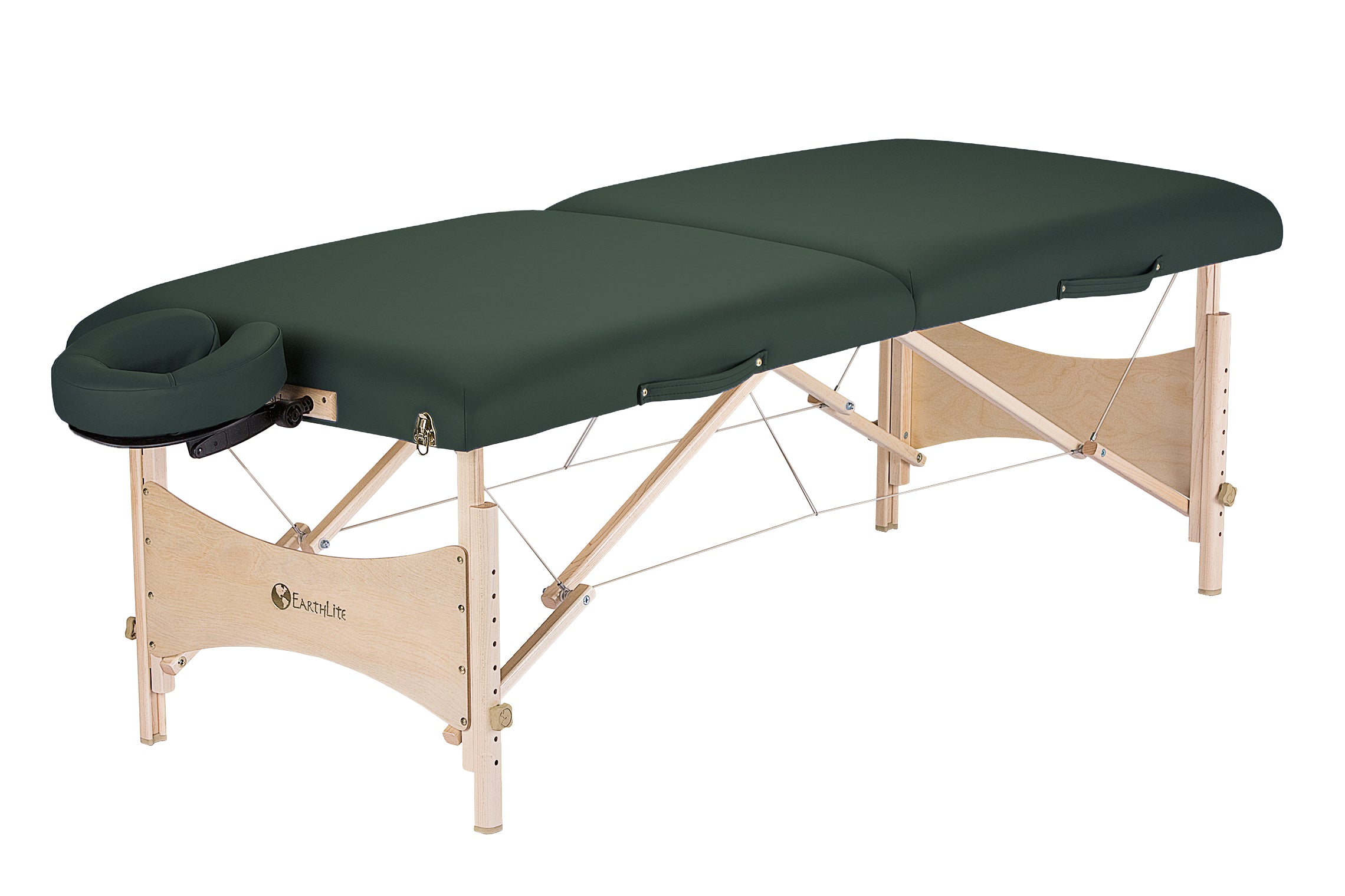 EarthLite HARMONY DX Portable Massage Table: green cushioning, sturdy wood legs, eco-friendly.