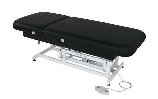 TouchAmerica HILO FACE & BODY Table: black, padded, adjustable height, white metal frame.