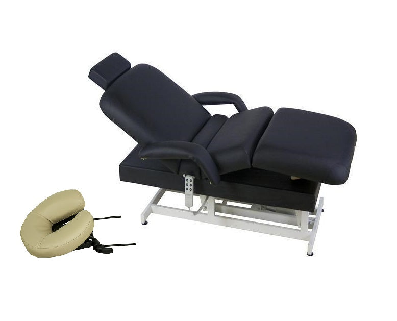 TouchAmerica HILO POWERTILT Table, black, ADA-compliant, armrests & separate beige face cradle.