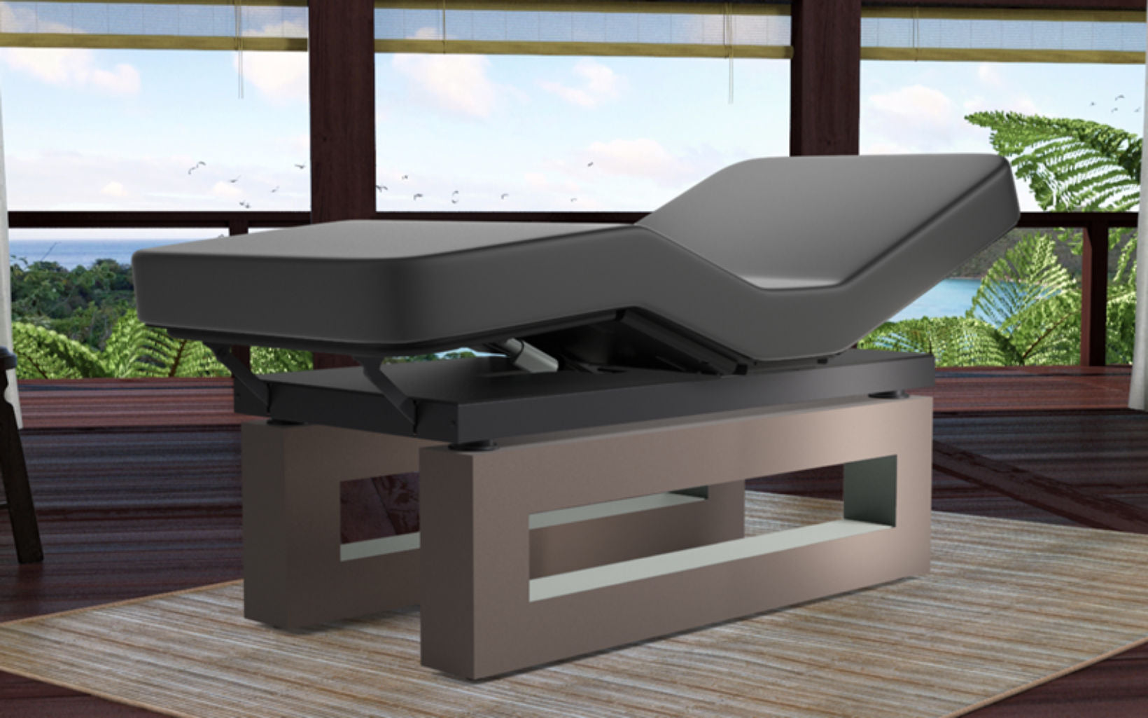 Oakworks Spa ICON Master's Collection Table with vibroacoustic system in a scenic room.