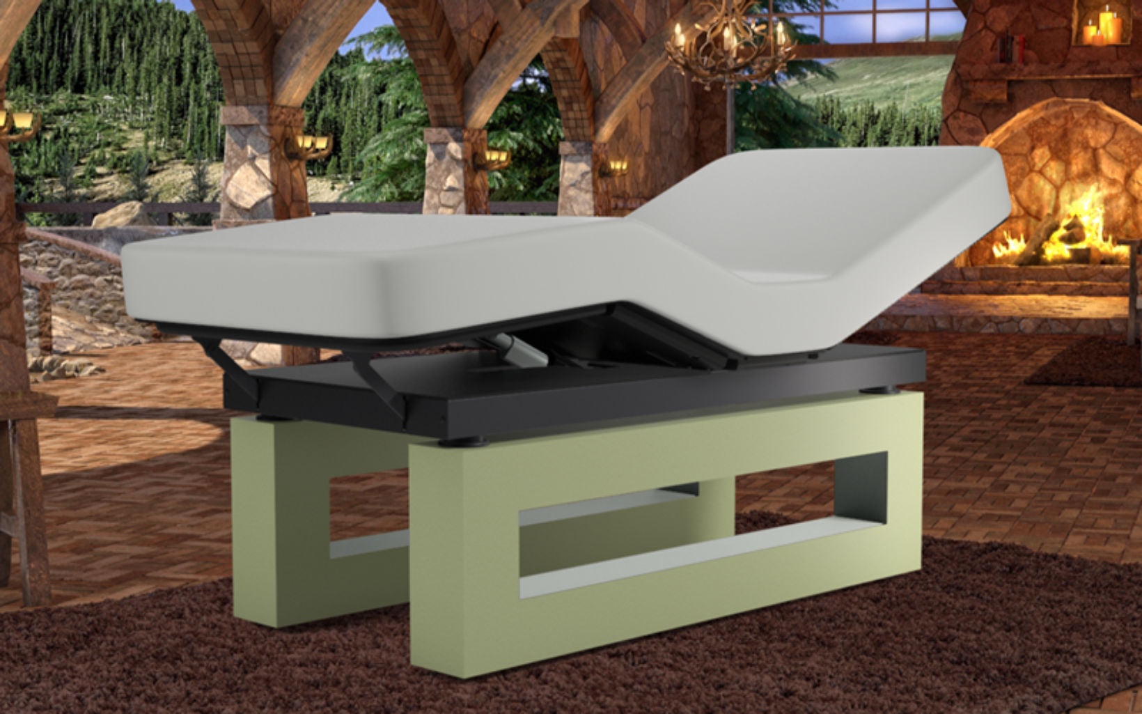 Oakworks Spa ICON Master's Collection Table in a rustic room with stone walls and arches.