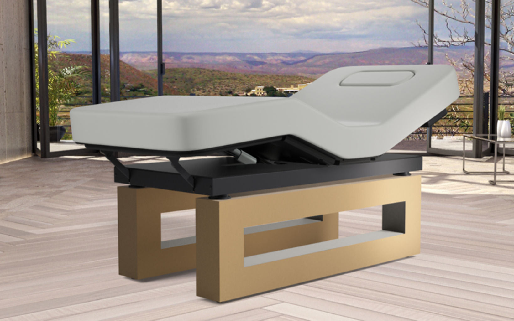 Oakworks Spa ICON Master's Table with adjustable breast comfort in a room with mountain views.