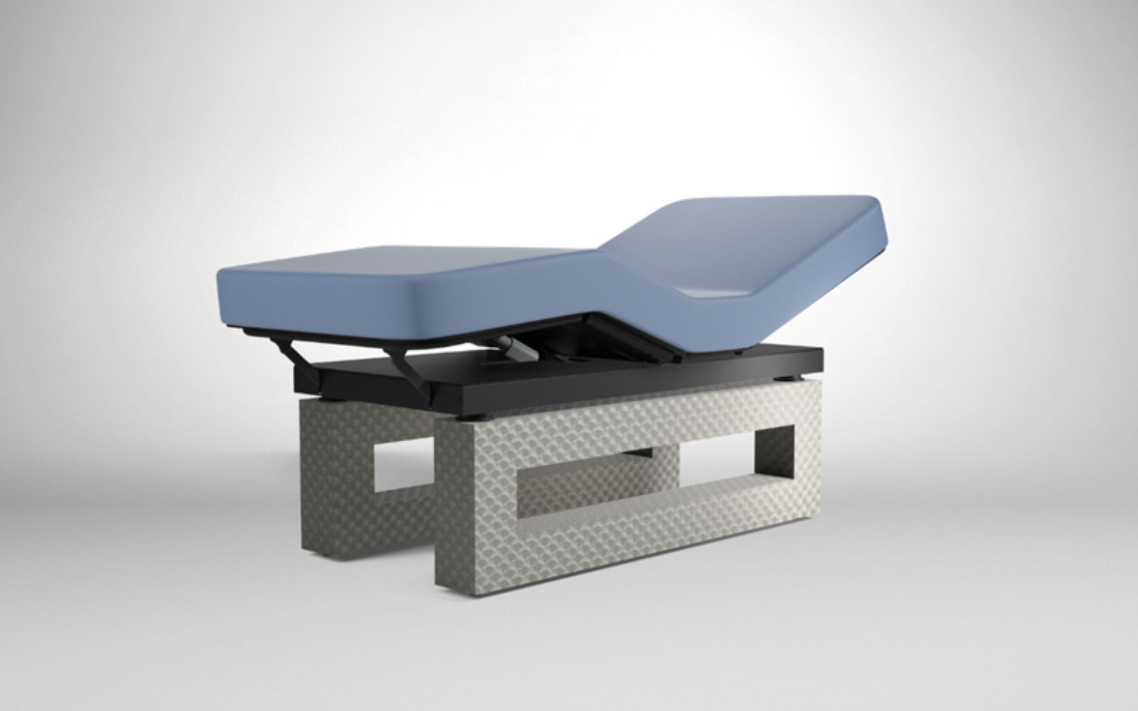Oakworks Spa ICON Master's Collection table with blue cushion, metallic base, and breast comfort.
