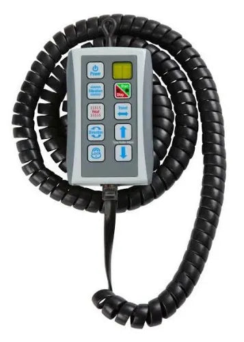 Armedica Quantum 400 Series table remote has a coiled cord, buttons, and indicator lights.