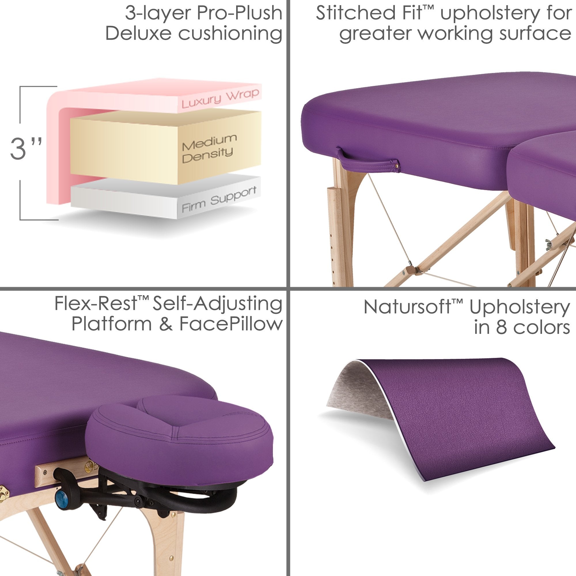Highlights EarthLite INFINITY Table’s Pro-Plush cushioning and adjustable face pillow.