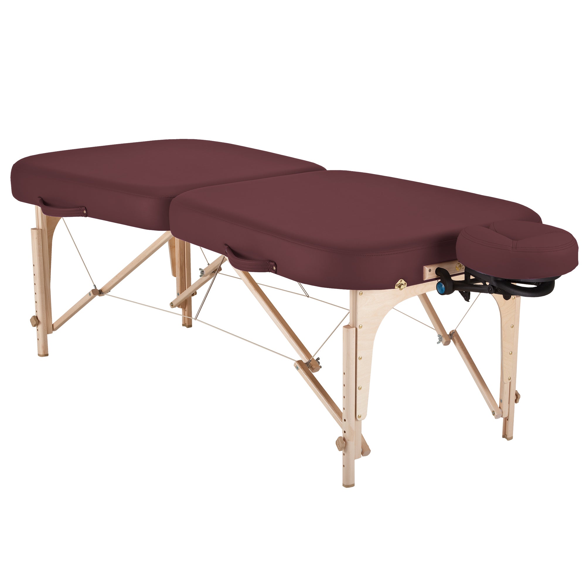 EarthLite INFINITY Portable Massage Table, Pro-Plush, wood legs, maroon, shown open.
