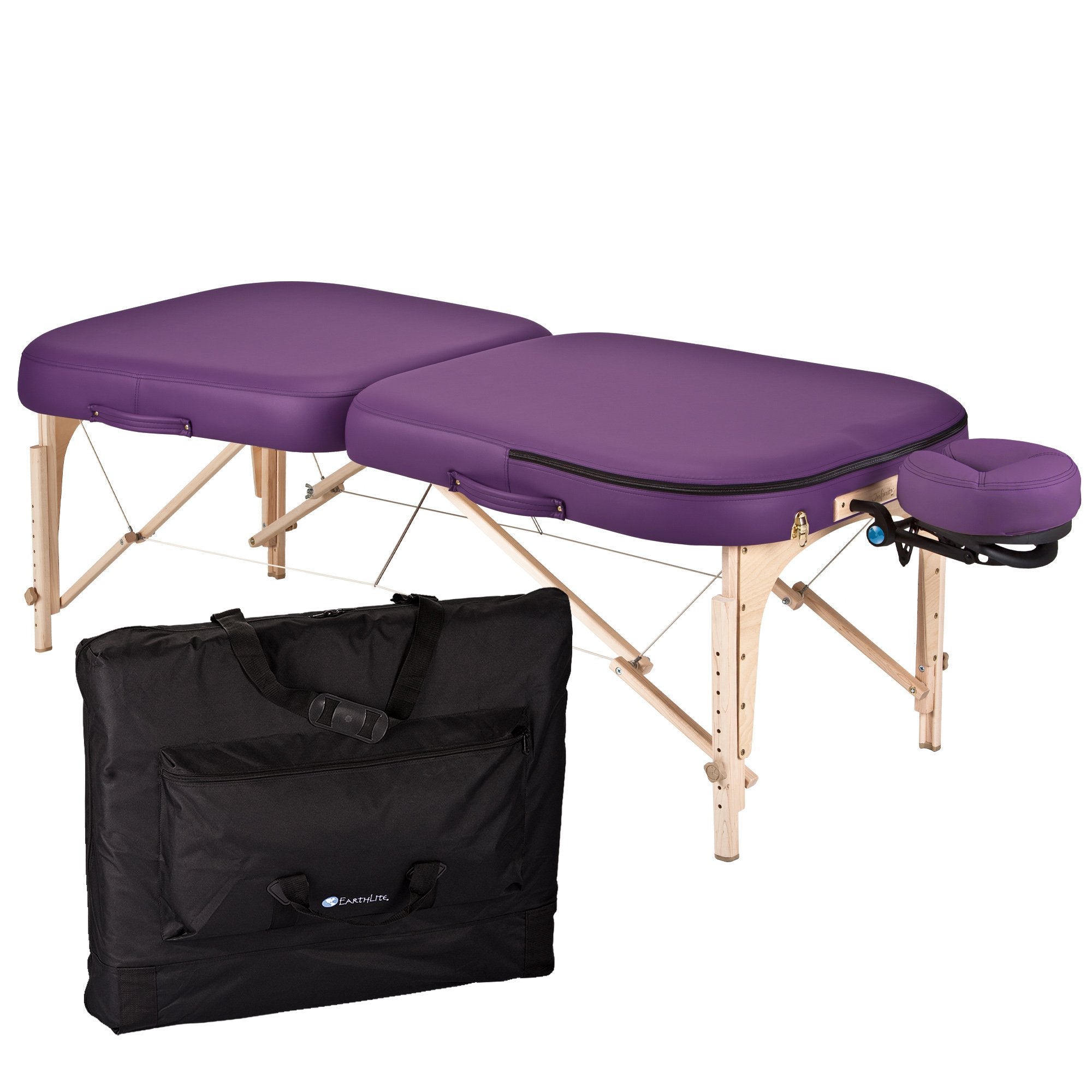 EarthLite INFINITY CONFORMA massage table package with wooden legs and black carry case shown.