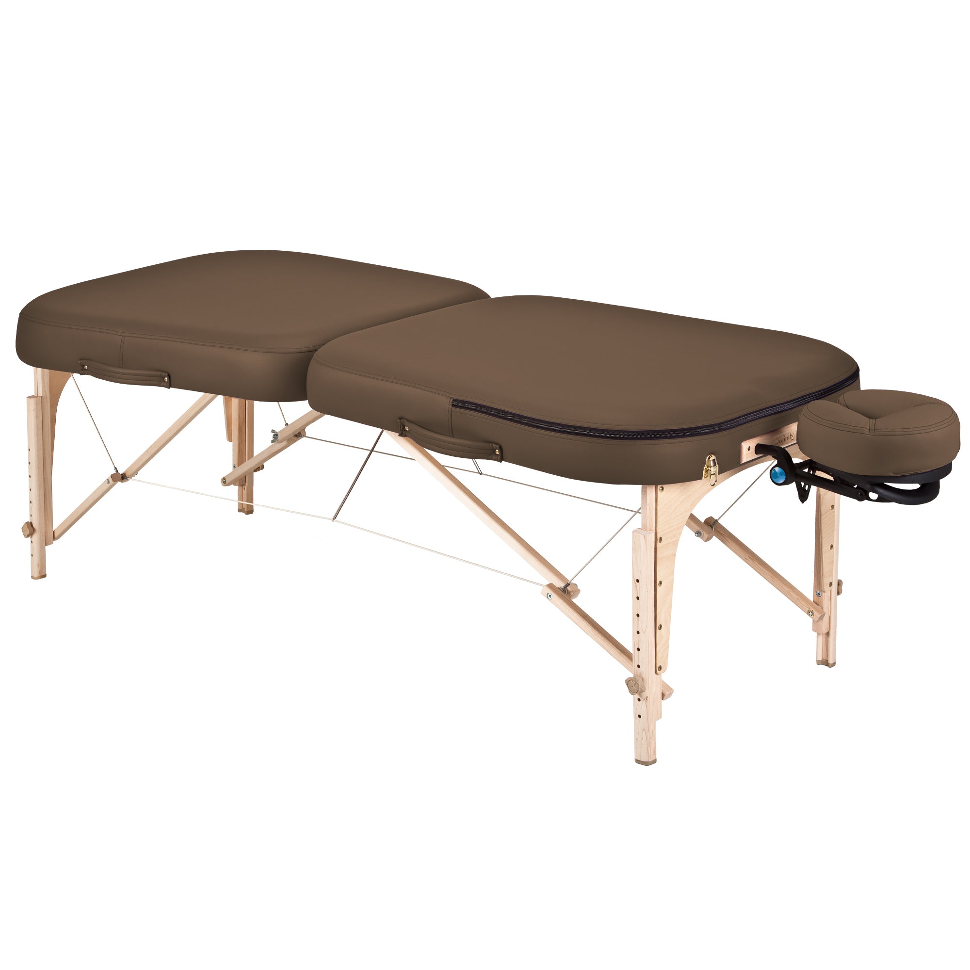 EarthLite INFINITY CONFORMA massage table with brown cushioning, wood legs, and face cradle.