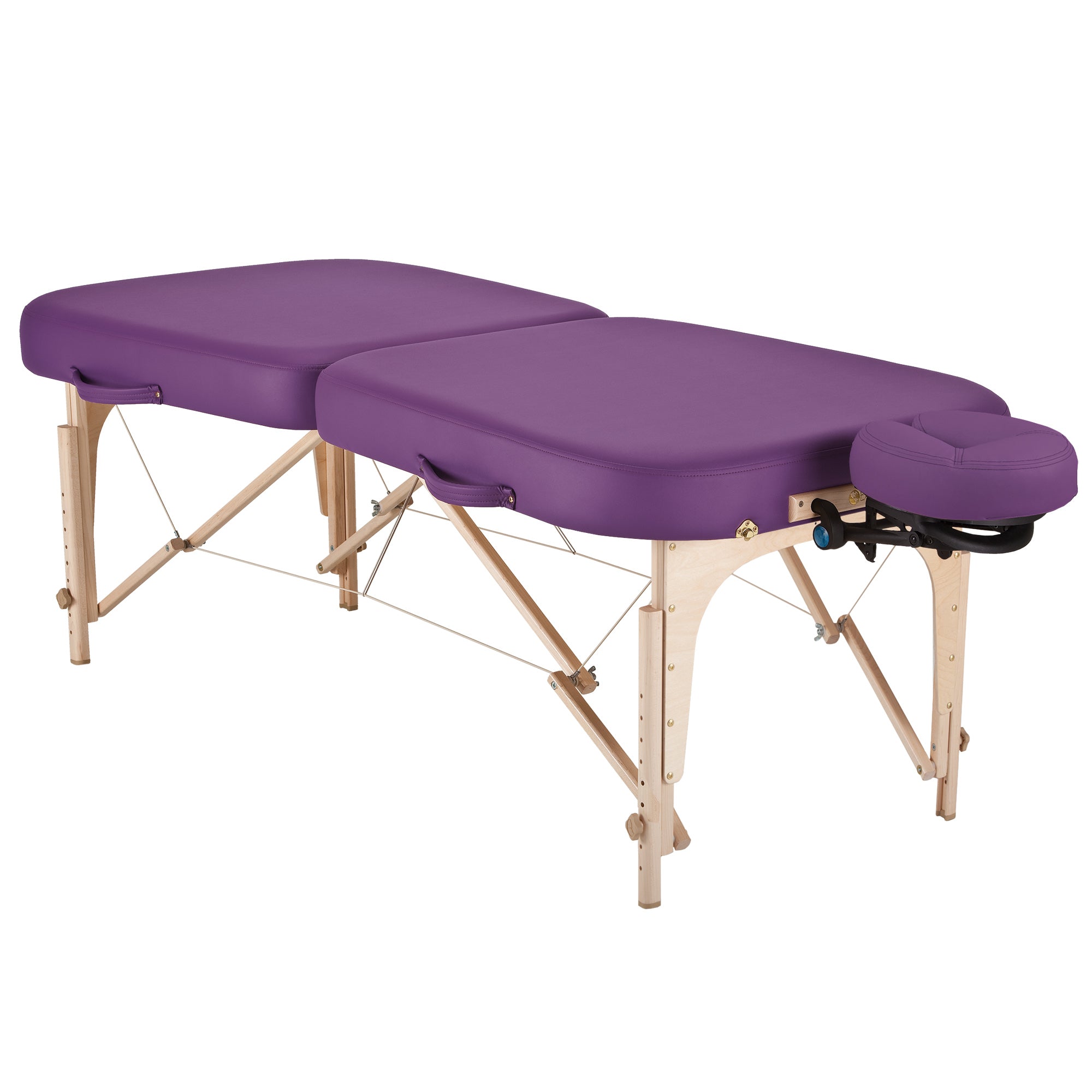 EarthLite INFINITY Portable Massage Table with wooden legs, Pro-Plush cushioning, and face cradle.