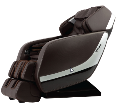 Titan Pro Jupiter XL brown and black massage chair with L-Track and Titan branding.