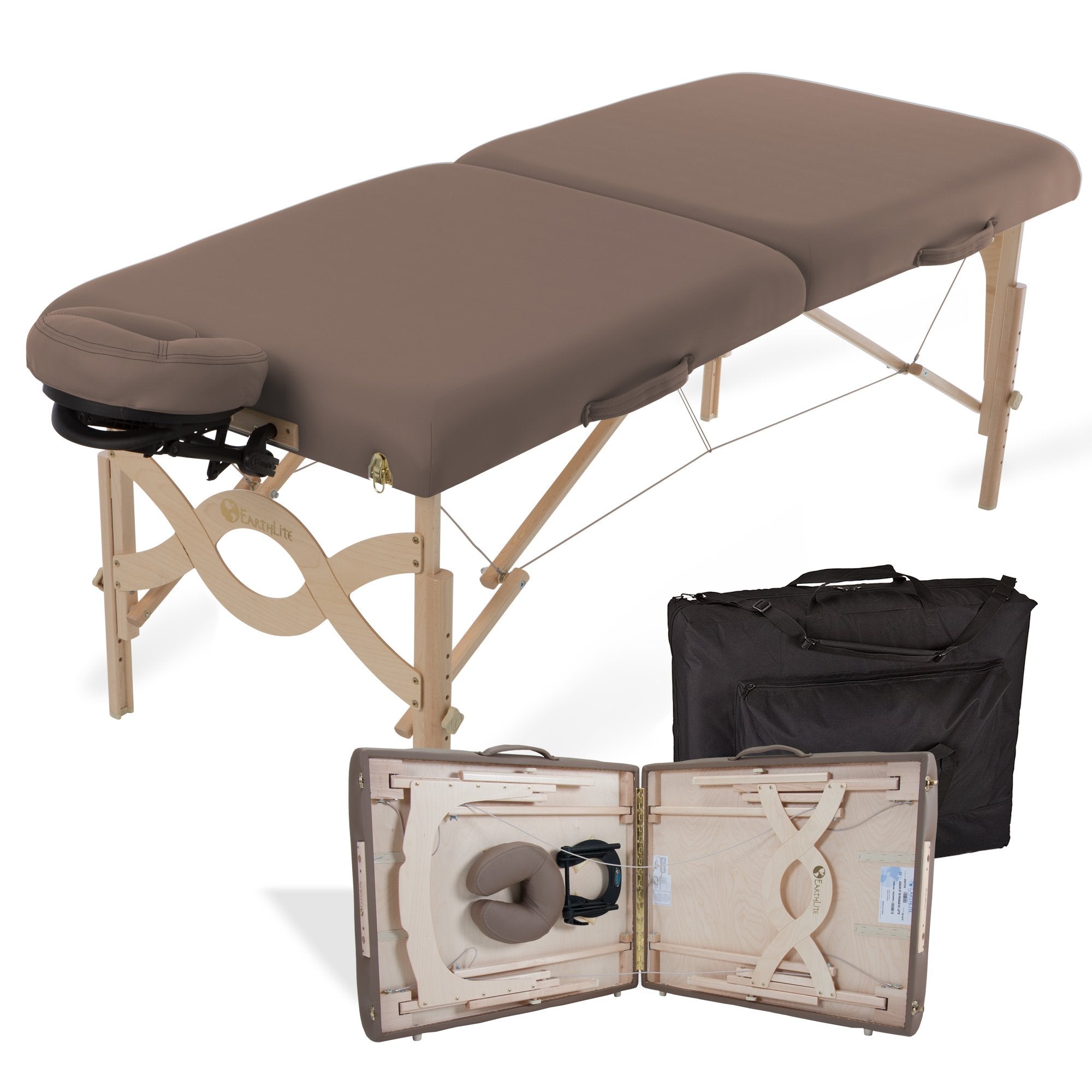 EarthLite AVALON XD portable massage table package with headrest, wood legs & case, open/closed.