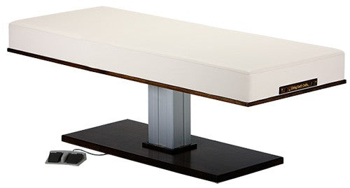 Living Earth Crafts LEC Pedestal Flat electric lift table with foot pedal and dark base.