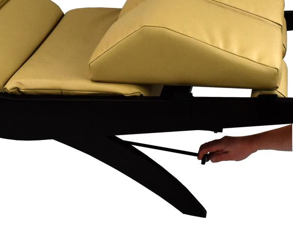 Pulling the lever beneath the Touch America BREATH Pedi-Lounge by TouchAmerica, black frame.