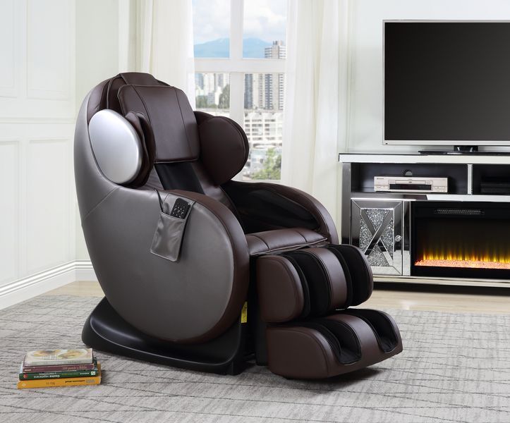 The ACME Furniture Pacari Massage Chair sits in a living room near a TV, fireplace, and books.