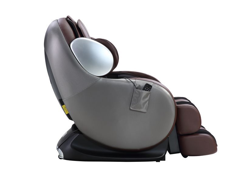 ACME Furniture Pacari Massage Chair in chocolate PU and gray, profile view on white background.
