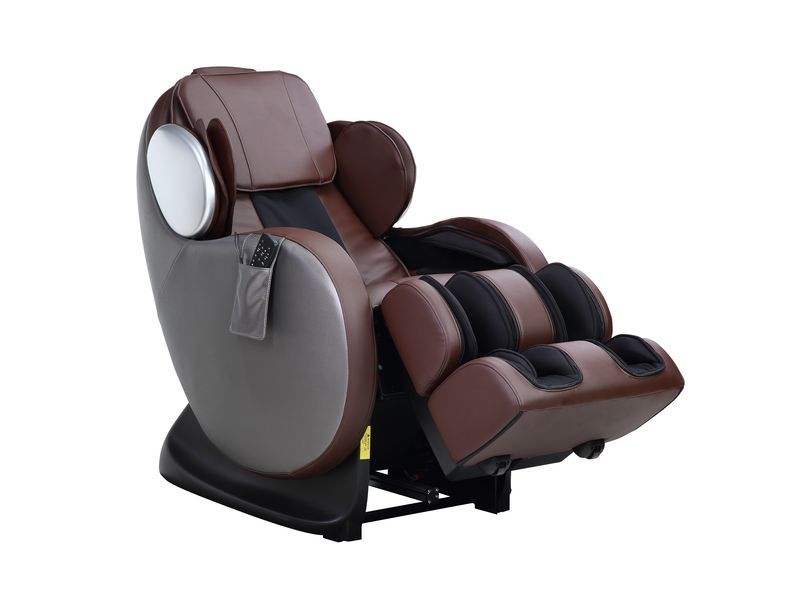 ACME Furniture Pacari massage chair in chocolate PU with footrest and remote in side pouch.