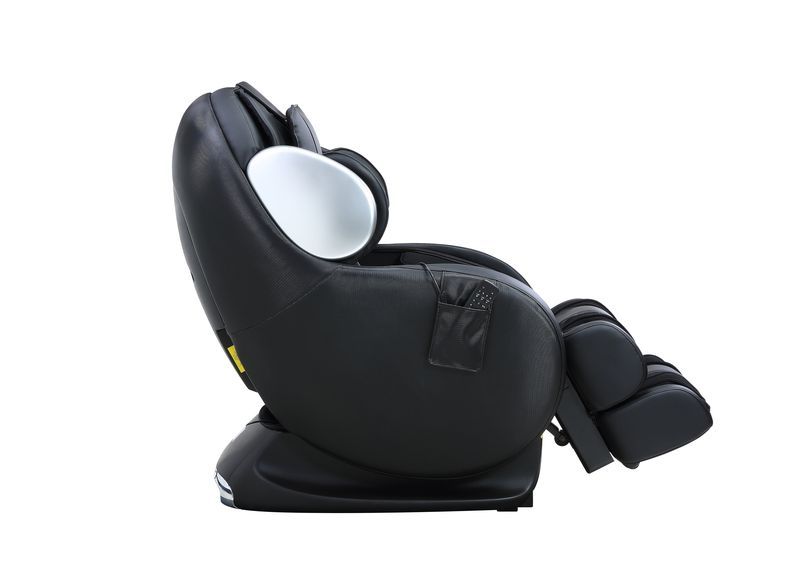 ACME Furniture Pacari Massage Chair in black PU with headrest and footrest, side view.