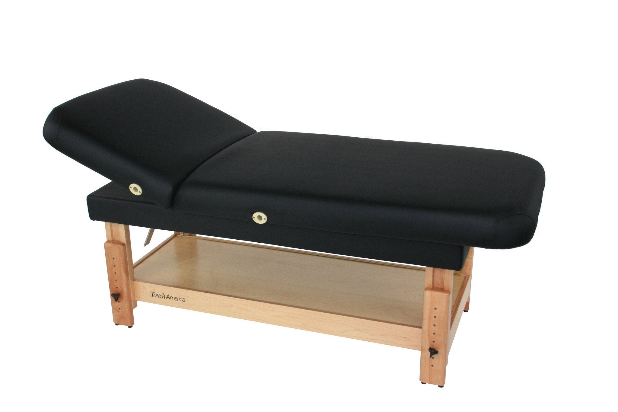 TouchAmerica STATIONARY FACE & BODY Table: black cushion, wood frame, adjustable backrest.
