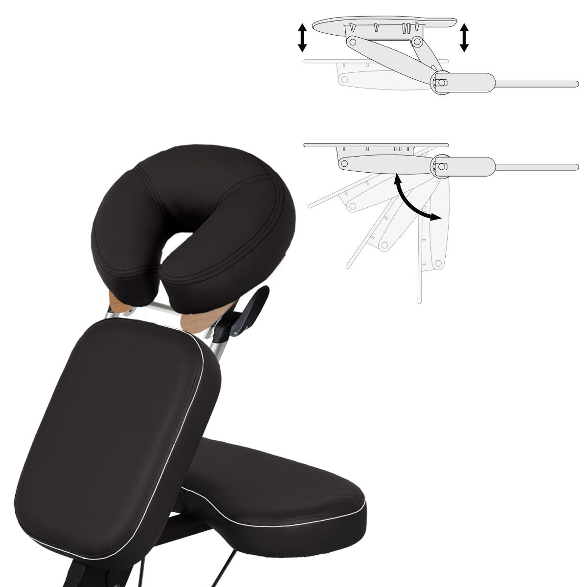 Stronglite MicroLite™ Massage Chair: lightweight, portable, adjustable with headrest angle diagram.