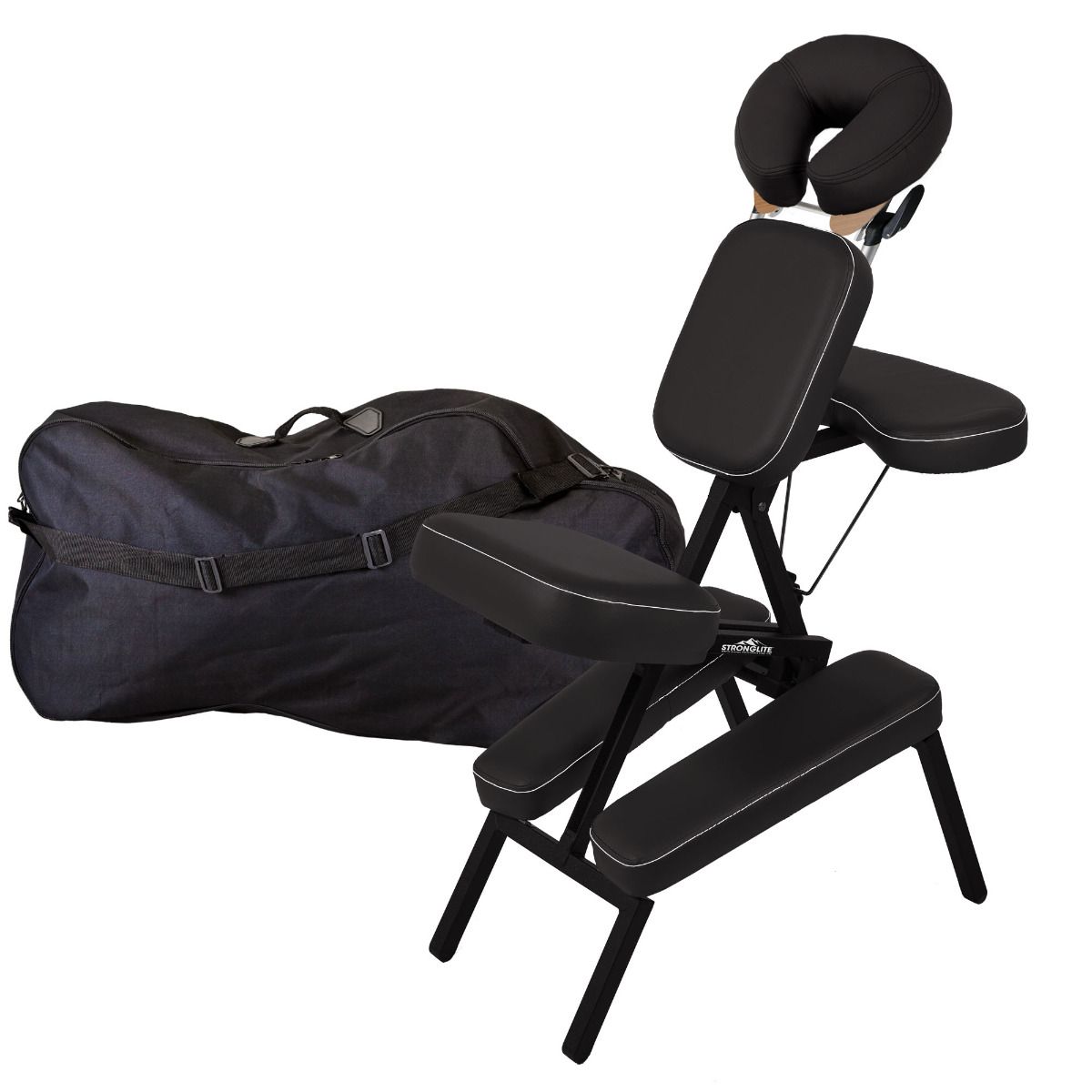 Stronglite MicroLite™ portable massage chair with face cradle and black carrying bag.