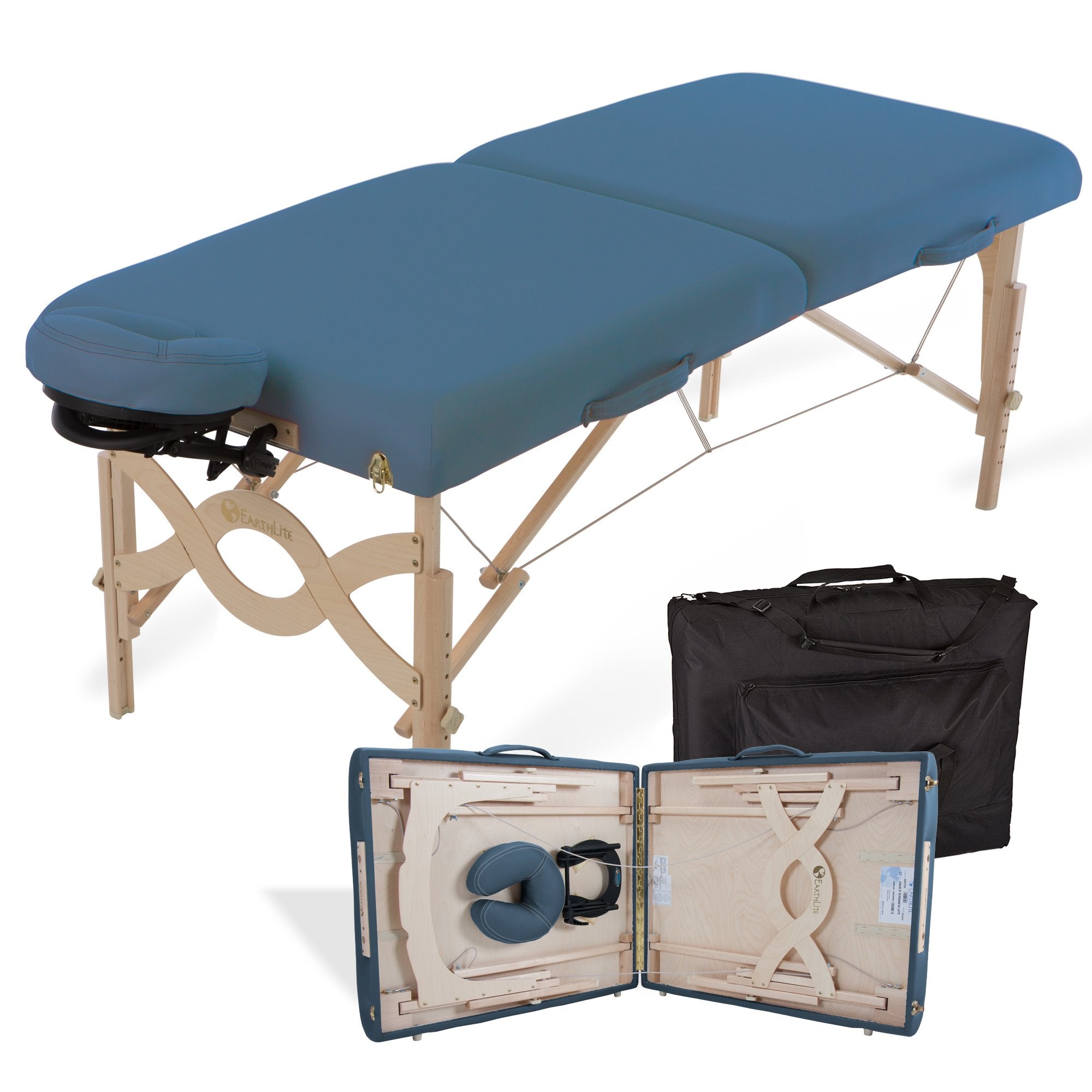 EarthLite AVALON XD portable massage table with wooden legs and black carrying case, open/closed.