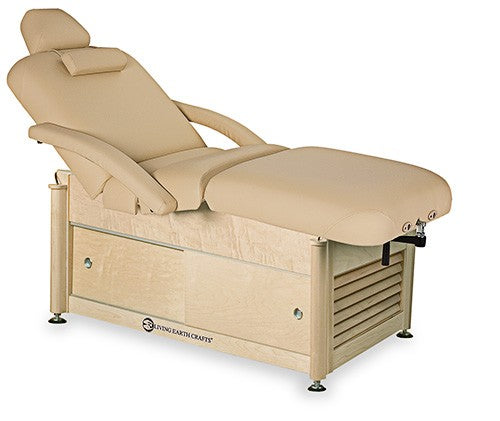 Living Earth Crafts NAPA Salon Table: beige, cushioned armrests, wood base, PowerAssist lift.
