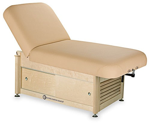 Living Earth Crafts NAPA spa table with hydraulic lift and cabinet base, beige, adjustable backrest.