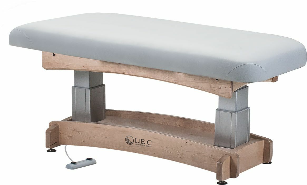 Living Earth Crafts ASPEN electric lift table with wood base, gray top, and tilt function.