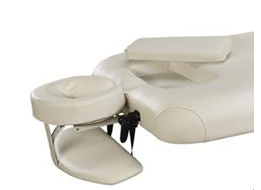 The Nirvana Salon Top Electric Massage Table in beige features a face cradle and armrest.