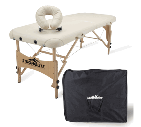 Stronglite OLYMPIA Portable Massage Table Package with headrest and black carrying case.