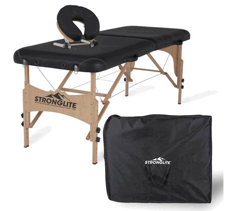 Stronglite OLYMPIA portable massage table package with black cushioning and carrying case.