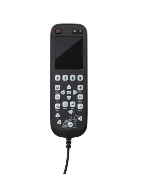 Black corded remote for Titan OPTIMUS 3D Electric Massage Chair, with screen and buttons.
